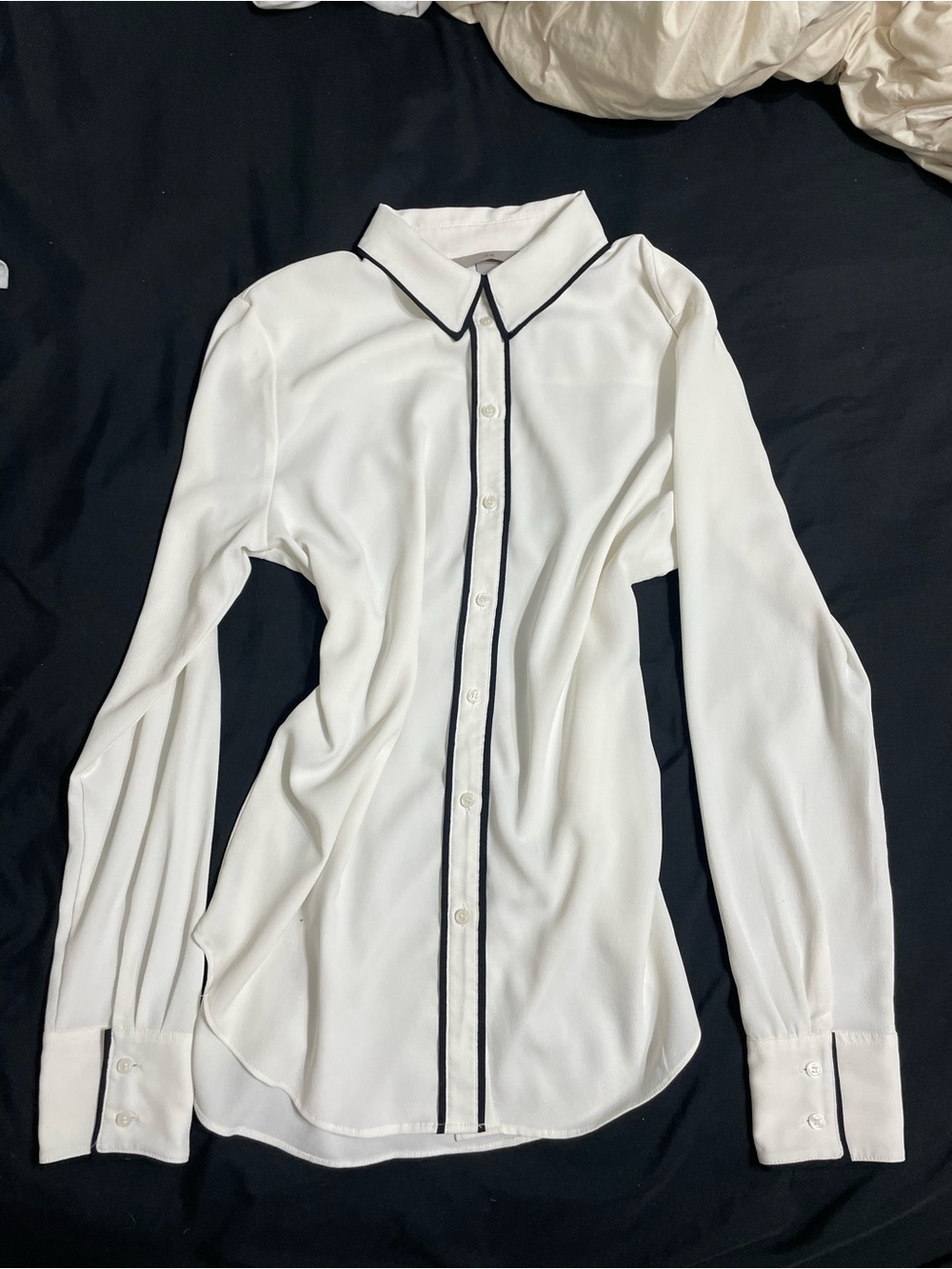 White Long-Sleeve Button-Up Blouse with Black Piping